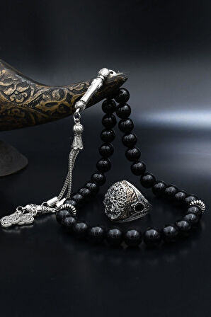 Doğal Oniks Taşlı Tesbih Ve 925 Ayar Gümüş Yüzük Örgü Tasarım 901946