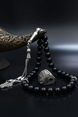 Doğal Oniks Taşlı Tesbih Ve 925 Ayar Gümüş Yüzük Örgü Tasarım 901946