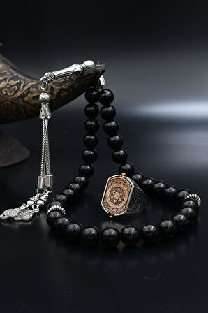 Doğal Oniks Taşlı Tesbih Ve 925 Ayar Gümüş Yüzük Hz. Süleyman Mührü Ve Ayetel Kürsi Çift Tarafli 901956