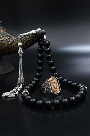 Doğal Oniks Taşlı Tesbih Ve 925 Ayar Gümüş Yüzük Hz. Süleyman Mührü Ve Ayetel Kürsi Çift Tarafli 901956