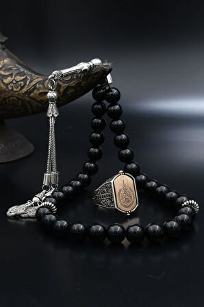 Doğal Oniks Taşlı Tesbih Ve 925 Ayar Gümüş Yüzük Hz. Süleyman Mührü Ve Ayetel Kürsi Çift Tarafli 901956