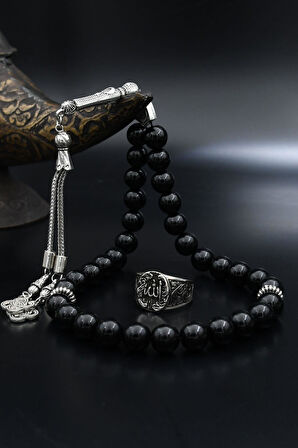 Doğal Oniks Taşlı Tesbih Ve 925 Ayar Gümüş Yüzük Allah Yazlı 901957