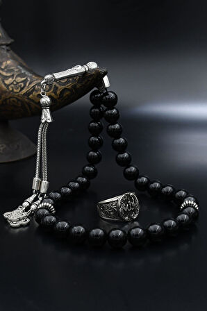 Doğal Oniks Taşlı Tesbih Ve 925 Ayar Gümüş Yüzük Allah Yazlı 901957