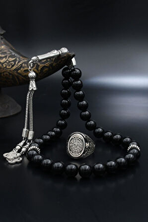 Doğal Oniks Taşlı Tesbih Ve 925 Ayar Gümüş Yüzük Hz. Süleyman Mührü Ve Anka Kuşu Figürlü 901958