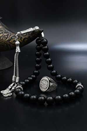 Doğal Oniks Taşlı Tesbih Ve 925 Ayar Gümüş Yüzük Hz. Süleyman Mührü Ve Anka Kuşu Figürlü 901958