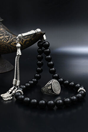 Doğal Oniks Taşlı Tesbih Ve 925 Ayar Gümüş Yüzük Hz. Süleyman Mührü Ve Anka Kuşu Figürlü 901958