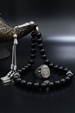 Doğal Oniks Taşlı Tesbih Ve 925 Ayar Gümüş Yüzük Hz. Süleyman Mührü Ve Anka Kuşu Figürlü 901958