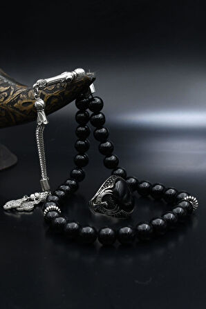 Doğal Oniks Taşlı Tesbih Ve 925 Ayar Gümüş Yüzük Anka Kuşu Figürlü Oniks Taşlı 901960