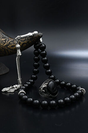 Doğal Oniks Taşlı Tesbih Ve 925 Ayar Gümüş Yüzük Anka Kuşu Figürlü Oniks Taşlı 901960