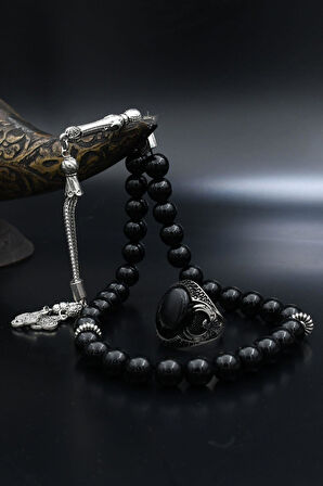 Doğal Oniks Taşlı Tesbih Ve 925 Ayar Gümüş Yüzük Anka Kuşu Figürlü Oniks Taşlı 901960