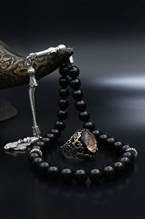 Doğal Oniks Taşlı Tesbih Ve 925 Ayar Gümüş Yüzük Hz. Süleyman Mührü Sıkma Kehribar Taşlı 901961