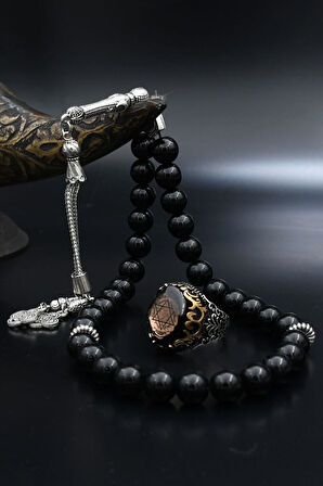 Doğal Oniks Taşlı Tesbih Ve 925 Ayar Gümüş Yüzük Hz. Süleyman Mührü Sıkma Kehribar Taşlı 901961