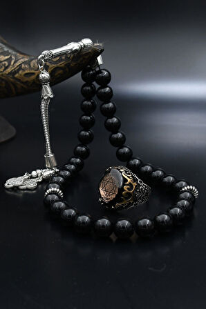 Doğal Oniks Taşlı Tesbih Ve 925 Ayar Gümüş Yüzük Hz. Süleyman Mührü Sıkma Kehribar Taşlı 901961