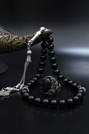 Doğal Oniks Taşlı Tesbih Ve 925 Ayar Gümüş Yüzük Oniks Taşlı Zirkon Taş Süslemeli 901962