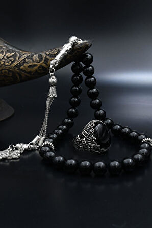 Doğal Oniks Taşlı Tesbih Ve 925 Ayar Gümüş Yüzük Oniks Taşlı Zirkon Taş Süslemeli 901962