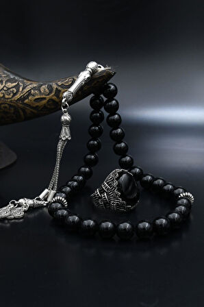 Doğal Oniks Taşlı Tesbih Ve 925 Ayar Gümüş Yüzük Oniks Taşlı Zirkon Taş Süslemeli 901962