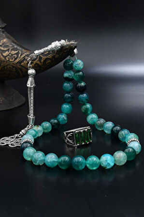 Doğal Damarlı Akik Taşlı Tesbih Ve 925 Ayar Gümüş Yüzük Zülfikar Hz. Ali'nin Kılıcı Yeşil Baget Taşlı 901964