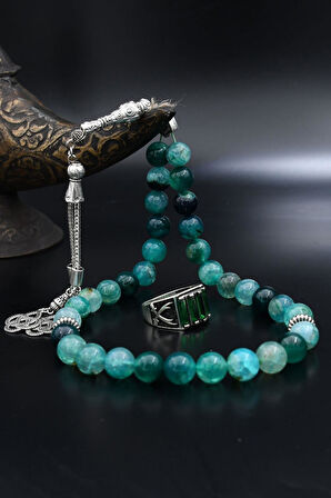 Doğal Damarlı Akik Taşlı Tesbih Ve 925 Ayar Gümüş Yüzük Zülfikar Hz. Ali'nin Kılıcı Yeşil Baget Taşlı 901964