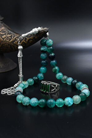 Doğal Damarlı Akik Taşlı Tesbih Ve 925 Ayar Gümüş Yüzük Zülfikar Hz. Ali'nin Kılıcı Yeşil Baget Taşlı 901964