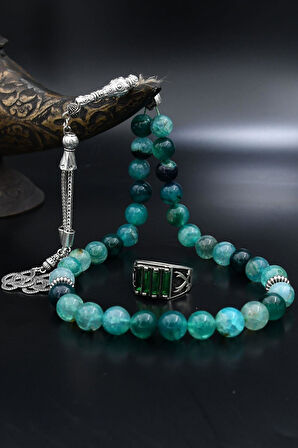 Doğal Damarlı Akik Taşlı Tesbih Ve 925 Ayar Gümüş Yüzük Zülfikar Hz. Ali'nin Kılıcı Yeşil Baget Taşlı 901964