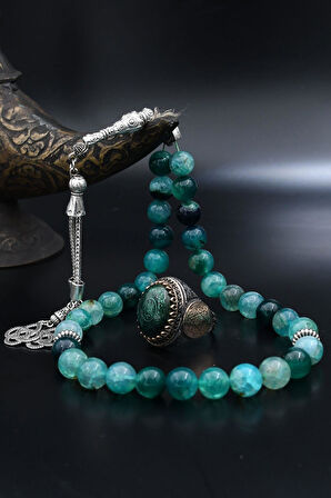 Doğal Damarlı Akik Taşlı Tesbih Ve 925 Ayar Gümüş Yüzük Özel Tasarım Nazar Duası ve Hz. Süleyman Mührü 901967