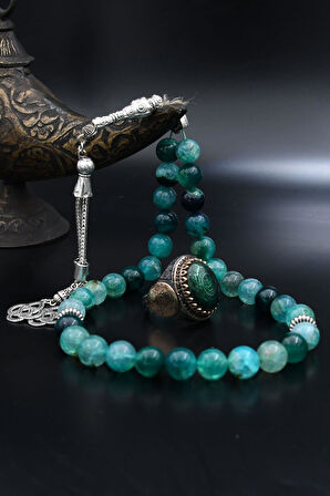 Doğal Damarlı Akik Taşlı Tesbih Ve 925 Ayar Gümüş Yüzük Özel Tasarım Nazar Duası ve Hz. Süleyman Mührü 901967