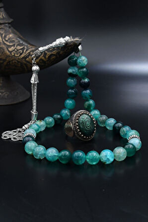 Doğal Damarlı Akik Taşlı Tesbih Ve 925 Ayar Gümüş Yüzük Özel Tasarım Nazar Duası ve Hz. Süleyman Mührü 901967