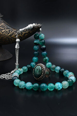 Doğal Damarlı Akik Taşlı Tesbih Ve 925 Ayar Gümüş Yüzük Özel Tasarım Nazar Duası ve Hz. Süleyman Mührü 901967