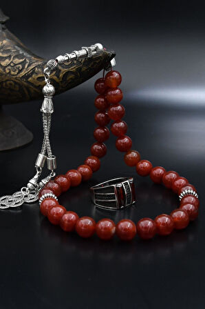 Doğal Akik Taşlı Tesbih Ve 925 Ayar Gümüş Yüzük Kırmızı Zirkon Taşlı Mikro Taş Süslemeli 901969