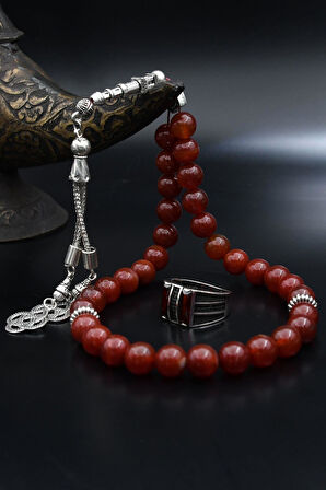 Doğal Akik Taşlı Tesbih Ve 925 Ayar Gümüş Yüzük Kırmızı Zirkon Taşlı Mikro Taş Süslemeli 901969