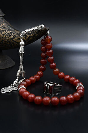 Doğal Akik Taşlı Tesbih Ve 925 Ayar Gümüş Yüzük Kırmızı Zirkon Taşlı Mikro Taş Süslemeli 901969