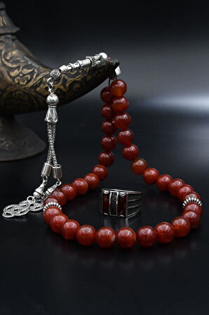 Doğal Akik Taşlı Tesbih Ve 925 Ayar Gümüş Yüzük Kırmızı Zirkon Taşlı Mikro Taş Süslemeli 901969