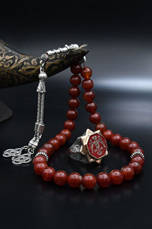 Doğal Akik Taşlı Tesbih Ve 925 Ayar Gümüş Yüzük Selçuklu Kartalı ( Çift Başlı Kartal ) Mineli 901972