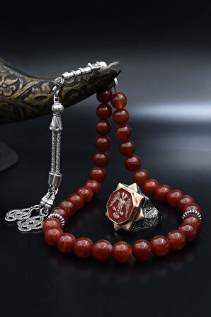 Doğal Akik Taşlı Tesbih Ve 925 Ayar Gümüş Yüzük Selçuklu Kartalı ( Çift Başlı Kartal ) Mineli 901972