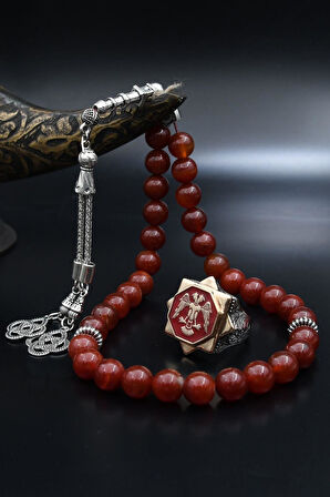 Doğal Akik Taşlı Tesbih Ve 925 Ayar Gümüş Yüzük Selçuklu Kartalı ( Çift Başlı Kartal ) Mineli 901972