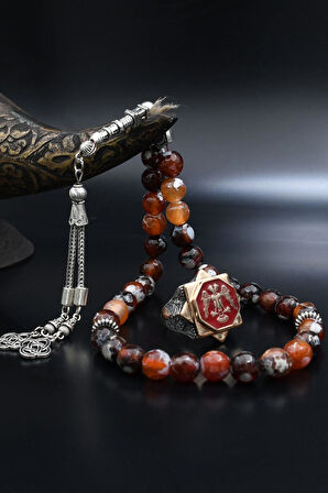 Doğal Damarlı Akik Taşlı Tesbih Ve 925 Ayar Gümüş Yüzük Selçuklu Kartalı ( Çift Başlı Kartal ) Mineli 901973