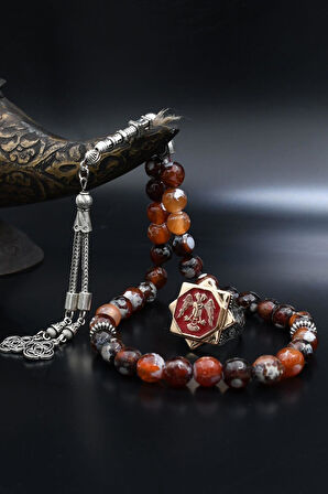 Doğal Damarlı Akik Taşlı Tesbih Ve 925 Ayar Gümüş Yüzük Selçuklu Kartalı ( Çift Başlı Kartal ) Mineli 901973