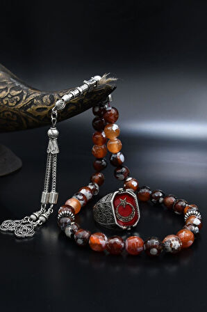 Doğal Damarlı Akik Taşlı Tesbih Ve 925 Ayar Gümüş Yüzük Hz. Süleyman Mührü Ve Ay Yıldızlı Çift Tarafli 901974