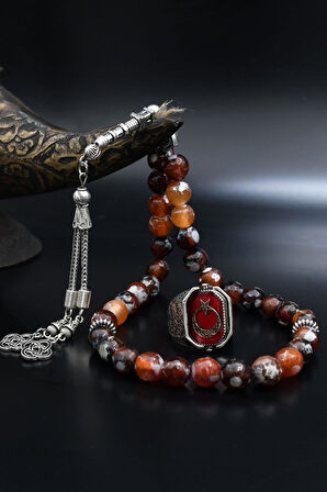 Doğal Damarlı Akik Taşlı Tesbih Ve 925 Ayar Gümüş Yüzük Hz. Süleyman Mührü Ve Ay Yıldızlı Çift Tarafli 901974