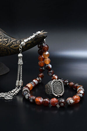 Doğal Damarlı Akik Taşlı Tesbih Ve 925 Ayar Gümüş Yüzük Hz. Süleyman Mührü Ve Ay Yıldızlı Çift Tarafli 901974