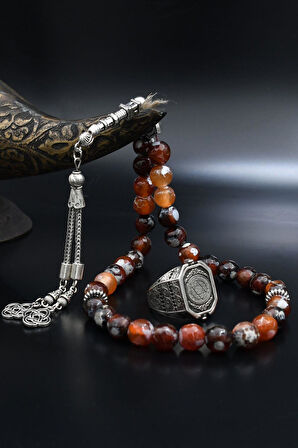 Doğal Damarlı Akik Taşlı Tesbih Ve 925 Ayar Gümüş Yüzük Hz. Süleyman Mührü Ve Ay Yıldızlı Çift Tarafli 901974