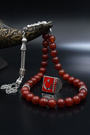 Doğal Akik Taşlı Tesbih Ve 925 Ayar Gümüş Yüzük Ay Yıldızlı (AYYILDIZLI) Mineli 901976