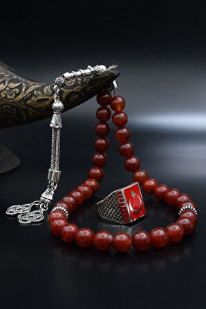 Doğal Akik Taşlı Tesbih Ve 925 Ayar Gümüş Yüzük Ay Yıldızlı (AYYILDIZLI) Mineli 901976