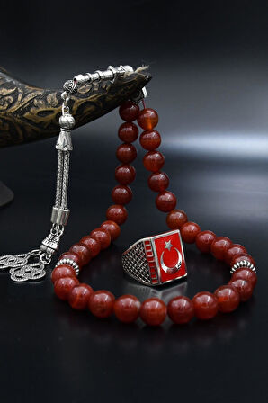 Doğal Akik Taşlı Tesbih Ve 925 Ayar Gümüş Yüzük Ay Yıldızlı (AYYILDIZLI) Mineli 901976