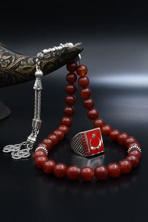 Doğal Akik Taşlı Tesbih Ve 925 Ayar Gümüş Yüzük Ay Yıldızlı (AYYILDIZLI) Mineli 901976