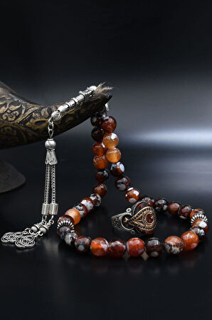 Doğal Damarlı Akik Taşlı Tesbih Ve 925 Ayar Gümüş Yüzük Ay Yıldızlı (AYYILDIZLI) Kırmızı 901978