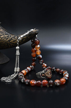 Doğal Damarlı Akik Taşlı Tesbih Ve 925 Ayar Gümüş Yüzük Ay Yıldızlı (AYYILDIZLI) Kırmızı 901978