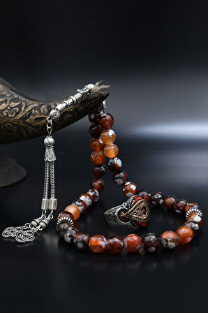 Doğal Damarlı Akik Taşlı Tesbih Ve 925 Ayar Gümüş Yüzük Ay Yıldızlı (AYYILDIZLI) Kırmızı 901978