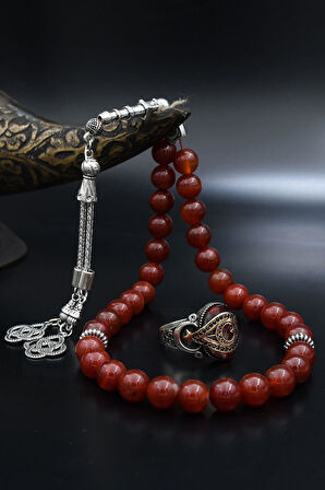 Doğal Akik Taşlı Tesbih Ve 925 Ayar Gümüş Yüzük Ay Yıldızlı (AYYILDIZLI) Kırmızı 901979