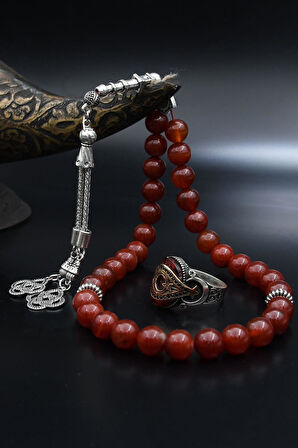 Doğal Akik Taşlı Tesbih Ve 925 Ayar Gümüş Yüzük Ay Yıldızlı (AYYILDIZLI) Kırmızı 901979